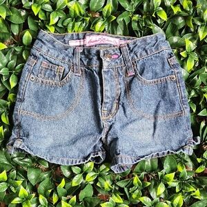 Arizona Jean Co. Girls Blue Denim Shorts With Pink & Orange Embroidery Sz 8 Slim